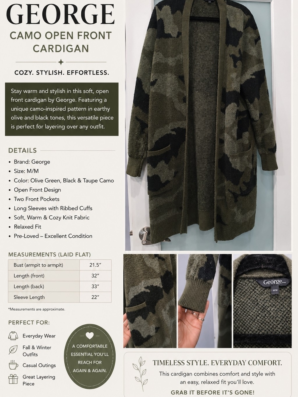 George Olive Green Camo Open Front Cardigan - Men's